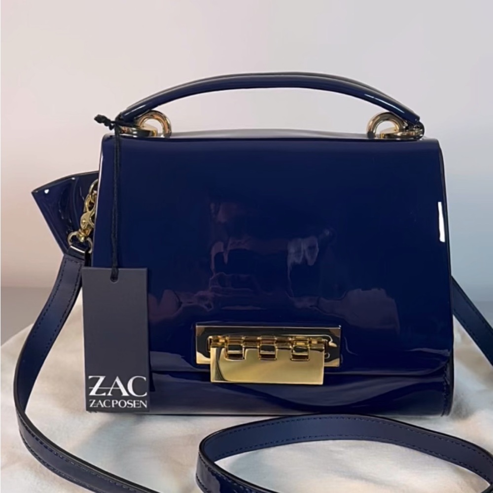 Zac Posen Eartha navy patent leather & gold top handle